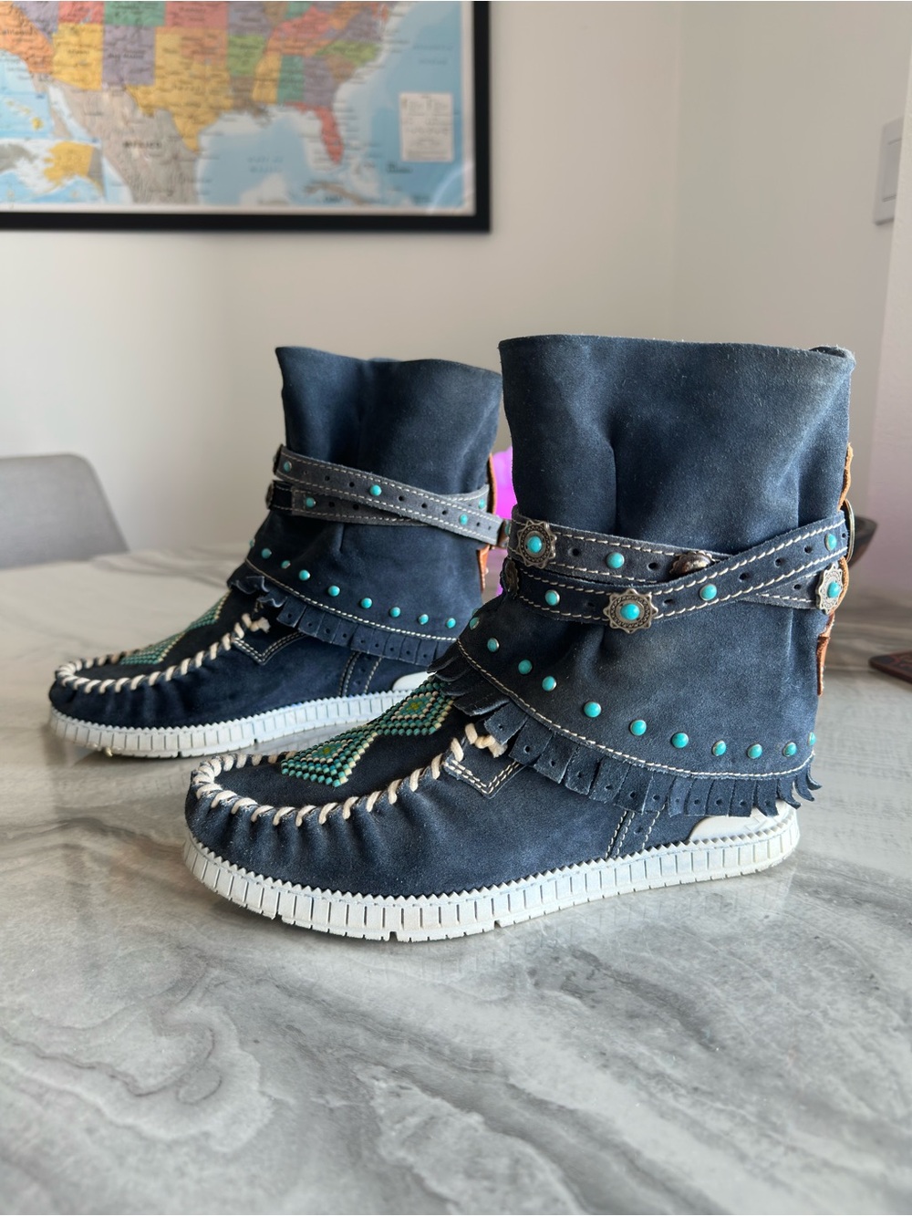 El Vaquero Sidney Wornout Navy Suede Hidden Wedge Boho Moccasin Boots